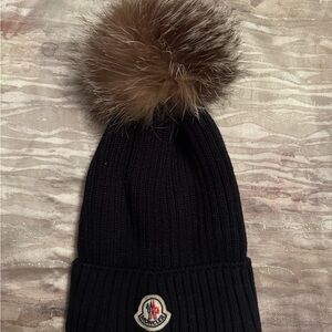 Moncler Black Knit Hat with Brown Pom
